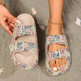 Summer Holiday Printing Soft Women Slippers Vacation Travel Beach Adjustable Double-buckle Sandals Pillow Platform Home Slippers