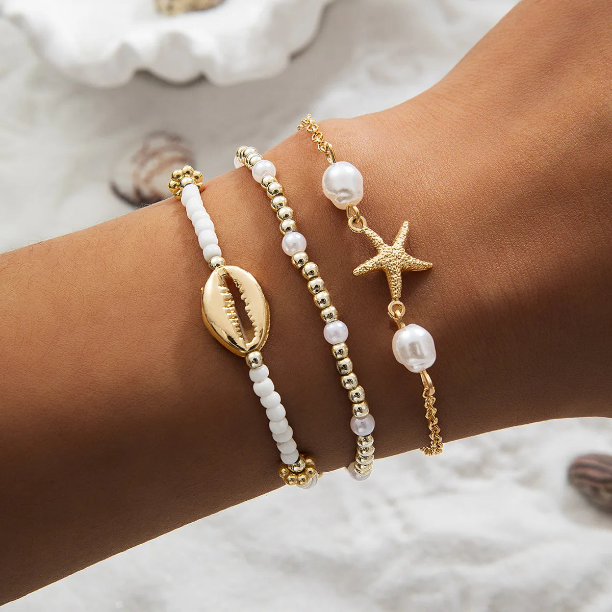 3Pcs Summer Shell Bracelet Set For Women Bohemia Starfish Charm Pearl Seed Beads Chain Bangle Female Beach Vacation Jewelry Gift