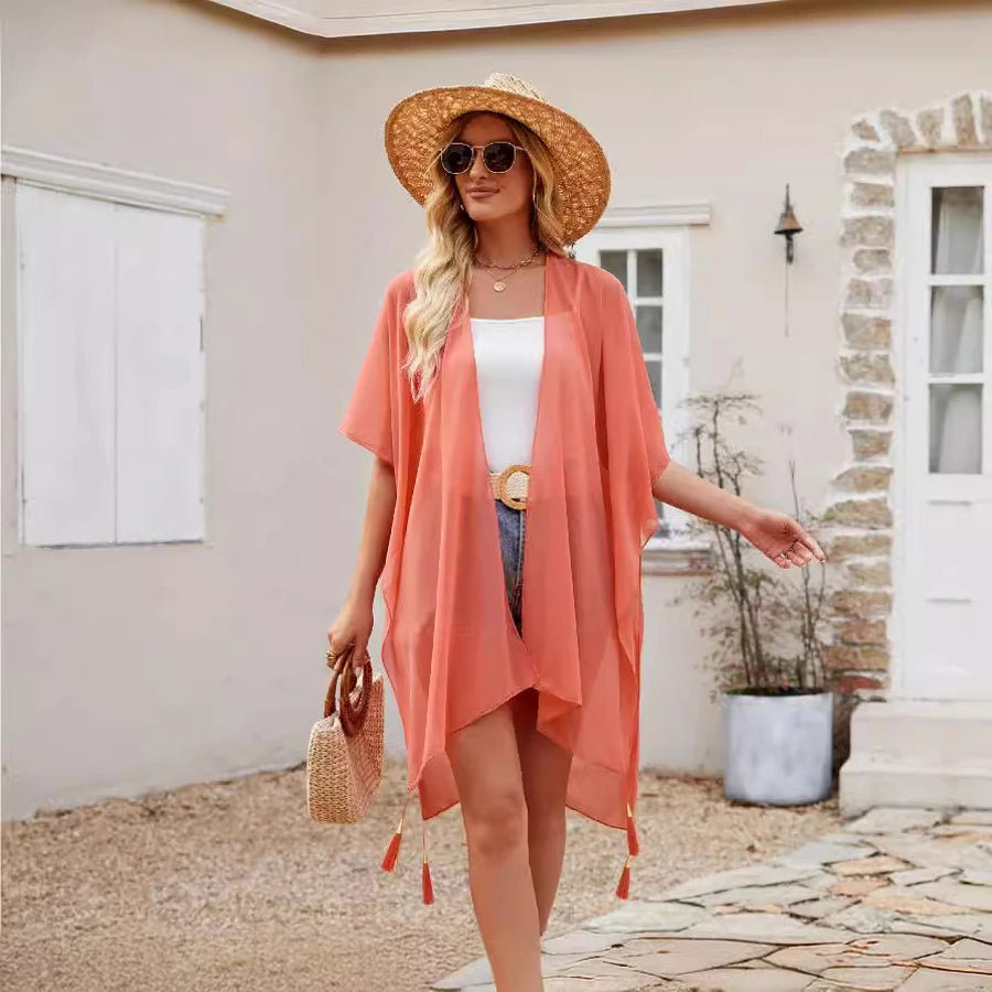 Simple Pure Color Chiffon Beach Bikini Cover Ups Swimwear Women Summer Sun Protection Cardigan Leisure Travel Cape Long