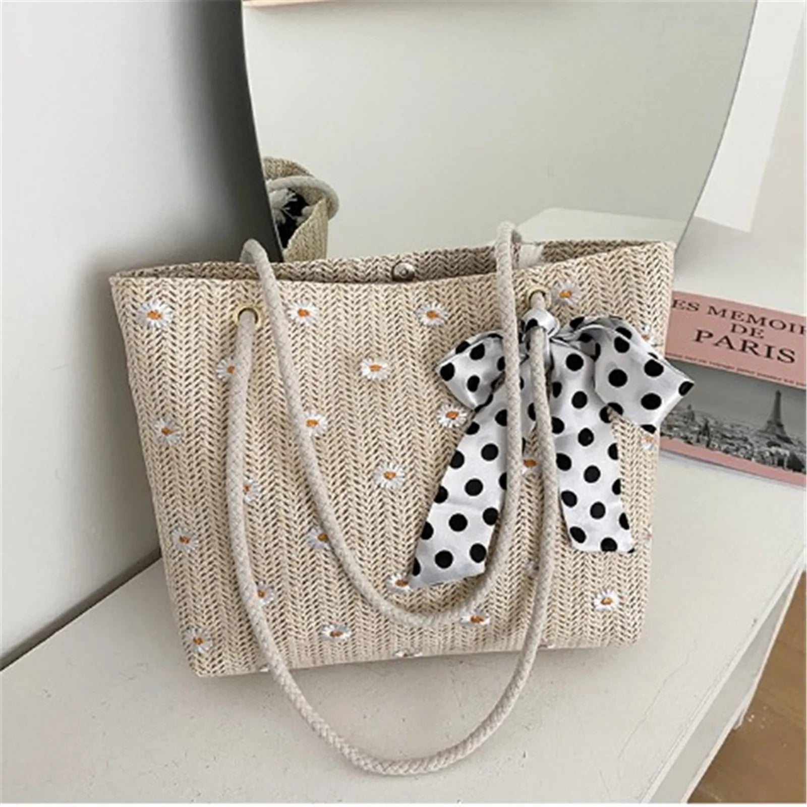 Square Hollow Straw Beach Bag Handmade Woven Shoulder Bag Raffia Rattan Shopping Travel Bag Bohemian Vacation Casual Tote Bags
