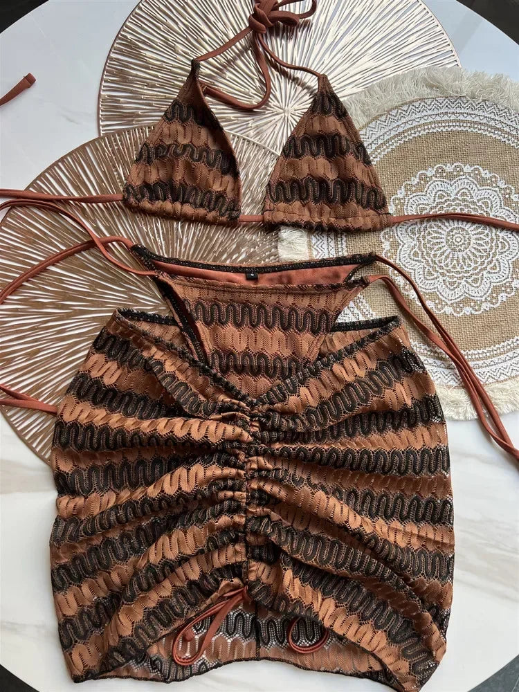 Luxury Design Women's Swimsuit Colored Maple Leaves Knitted Bikini Skirt Three-Piece Set Split Bikini Set