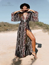 Bohemian Printed Bikini Cover-ups Elegant Self Belted Kimono Dress Tunic Women Plus Size Beach Wear Swim Suit Cover Up Q1228