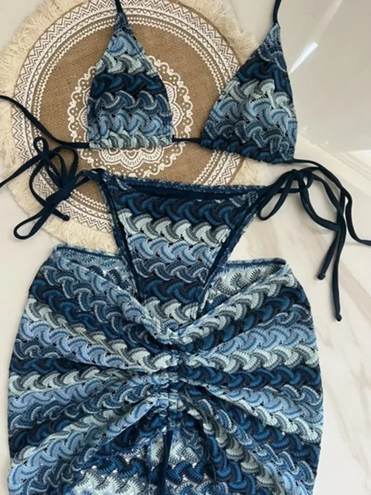 Luxury Design Women's Swimsuit Colored Maple Leaves Knitted Bikini Skirt Three-Piece Set Split Bikini Set