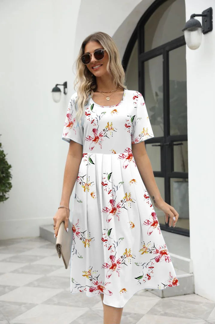 2025 summer Europe and the United States summer fashion casual ladies elegant printed round neck short-sleeved long dress