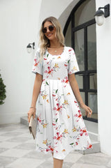 2025 summer Europe and the United States summer fashion casual ladies elegant printed round neck short-sleeved long dress