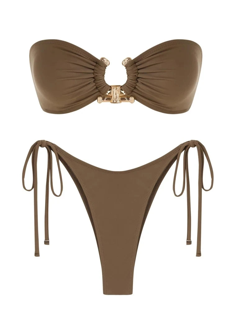 Solid O Ring 2025 New Swimsuit For Women Tie Side Shiny Metal Hardware Ring Bandeau Bikini Swimwear Padded Bra Top Low Waisted
