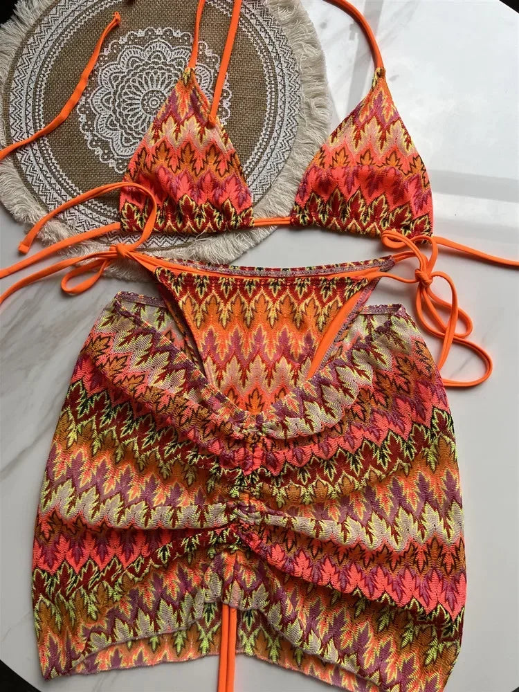 Luxury Design Women's Swimsuit Colored Maple Leaves Knitted Bikini Skirt Three-Piece Set Split Bikini Set
