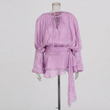 VGH Chic Spliced Lace Up Loose Sexy Short Dresses For Women Round Neck Long Sleeve Minimalist Ruffles Folds Dress Female Fashion