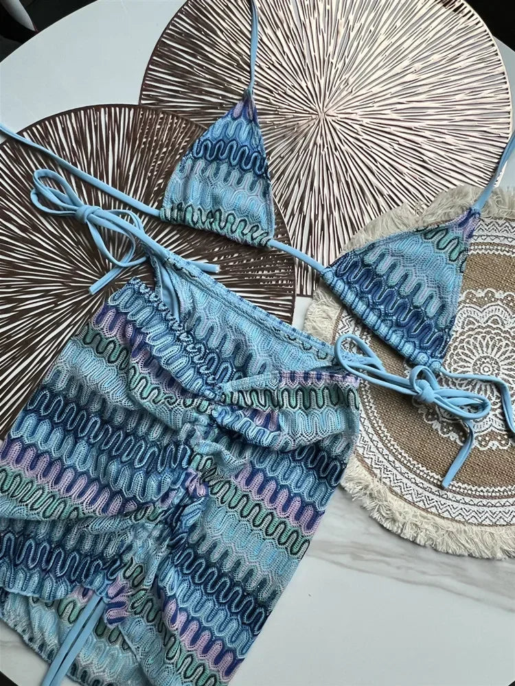 Luxury Design Women's Swimsuit Colored Maple Leaves Knitted Bikini Skirt Three-Piece Set Split Bikini Set
