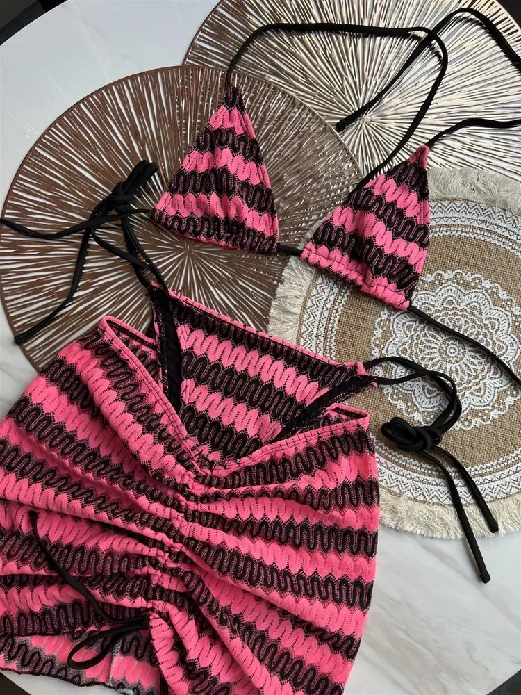 Luxury Design Women's Swimsuit Colored Maple Leaves Knitted Bikini Skirt Three-Piece Set Split Bikini Set