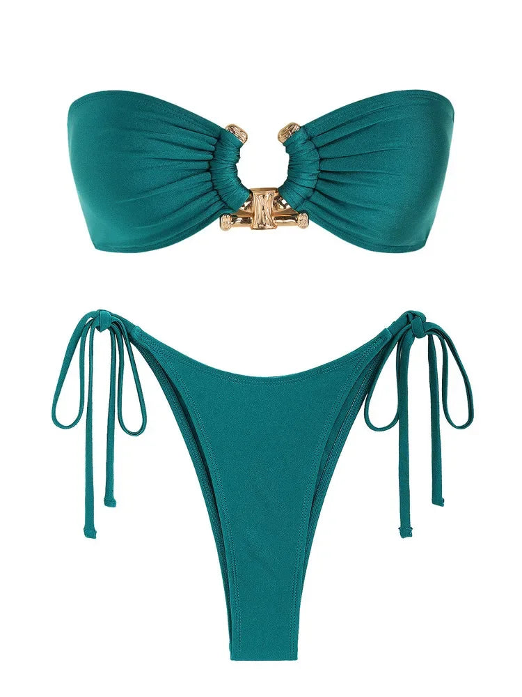 Solid O Ring 2025 New Swimsuit For Women Tie Side Shiny Metal Hardware Ring Bandeau Bikini Swimwear Padded Bra Top Low Waisted
