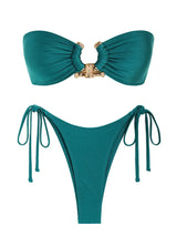 Solid O Ring 2025 New Swimsuit For Women Tie Side Shiny Metal Hardware Ring Bandeau Bikini Swimwear Padded Bra Top Low Waisted