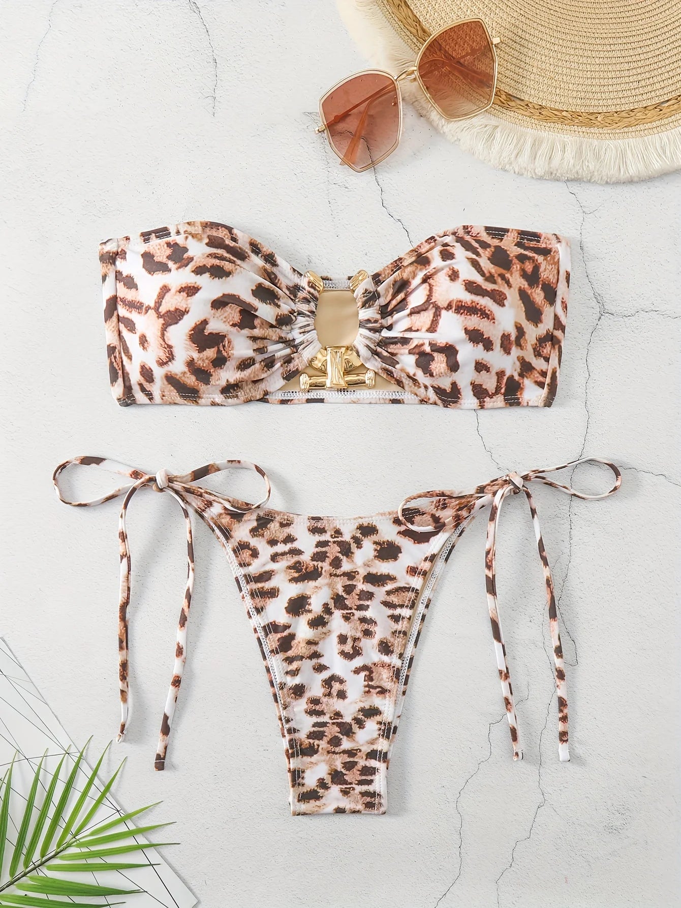 Solid O Ring 2025 New Swimsuit For Women Tie Side Shiny Metal Hardware Ring Bandeau Bikini Swimwear Padded Bra Top Low Waisted
