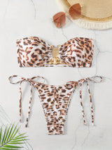 Solid O Ring 2025 New Swimsuit For Women Tie Side Shiny Metal Hardware Ring Bandeau Bikini Swimwear Padded Bra Top Low Waisted